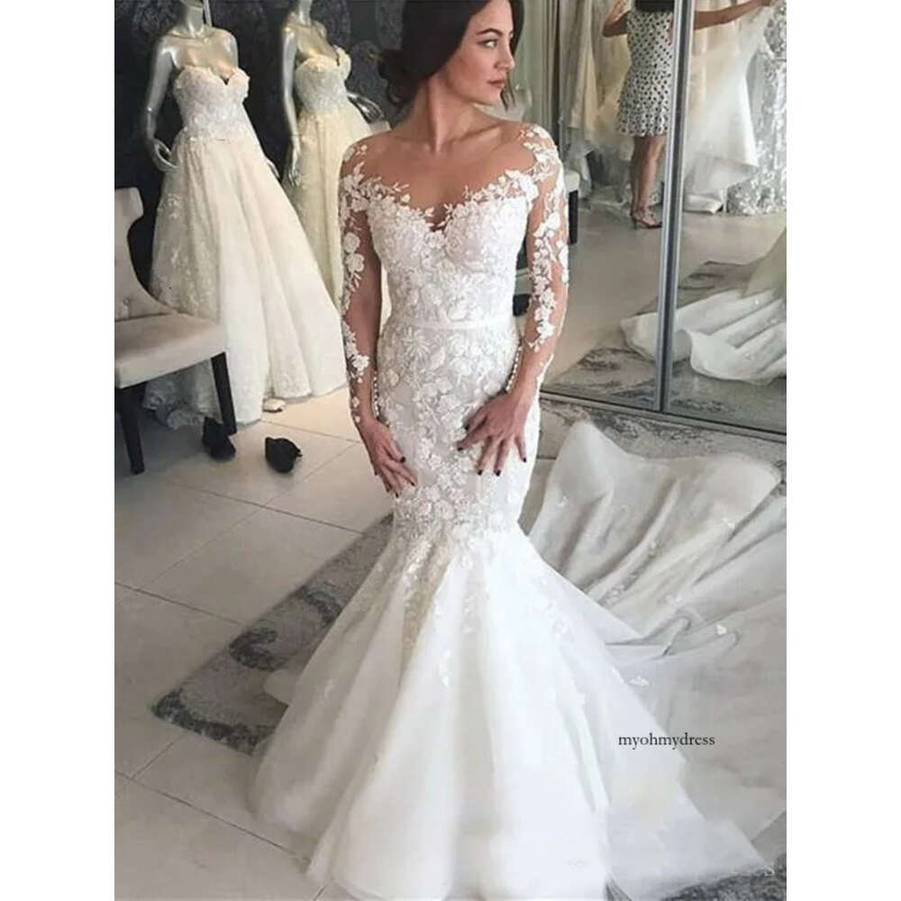 Gorgeous Lace Tulle Dresses Mermaid Style Long Sleeve Back Zipper Sweep Train Wedding Bridal Gowns 0521