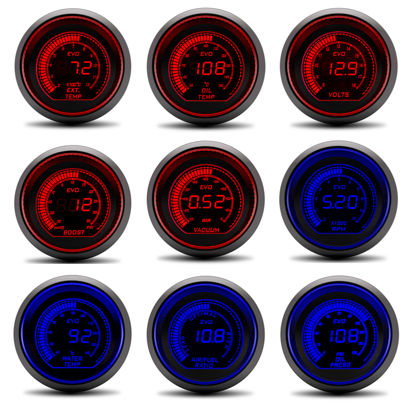 AD 2" 52mm Red&Blue Dual Led 12V Car Gauge Boost/Water Temp/Oil Temp/Oil press/Volt/Tachometer/Vacuum/Air fuel ratio/EGT Gauge