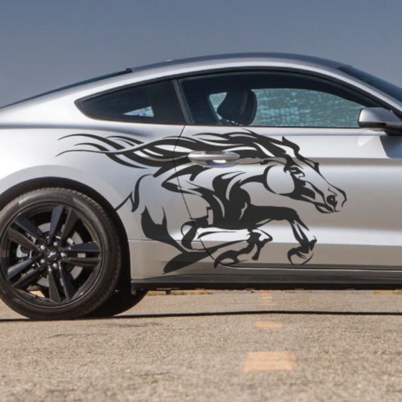 INCLUDES Both Sides - Horse Running Fits Mustang Pony Grunge Tattoo Design Tribal Door Bed Side Pickup Vehicle Truck Car Vinyl G