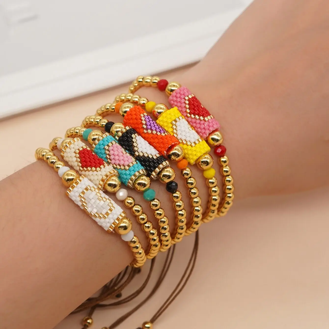 Love Heart Charm Bracelets Gold Plated Ball Beaded Boho Summer Beach Surfer Bracelets for Women Men Handmade Jewelry Gift