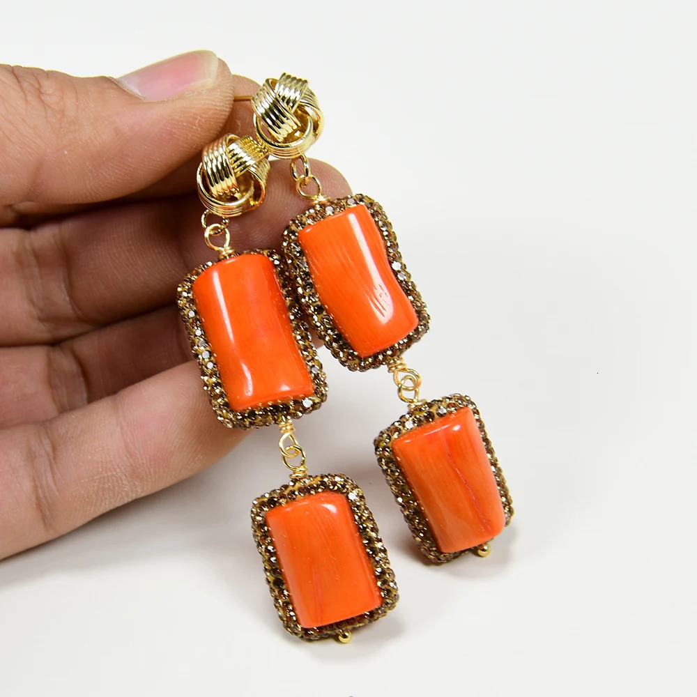 GG Natural Orange Coral Branch Golden Rhinestone CZ Paved Dangle Stud Earrings Jewelry Gifts Handmade For Women Party Gifts 240520