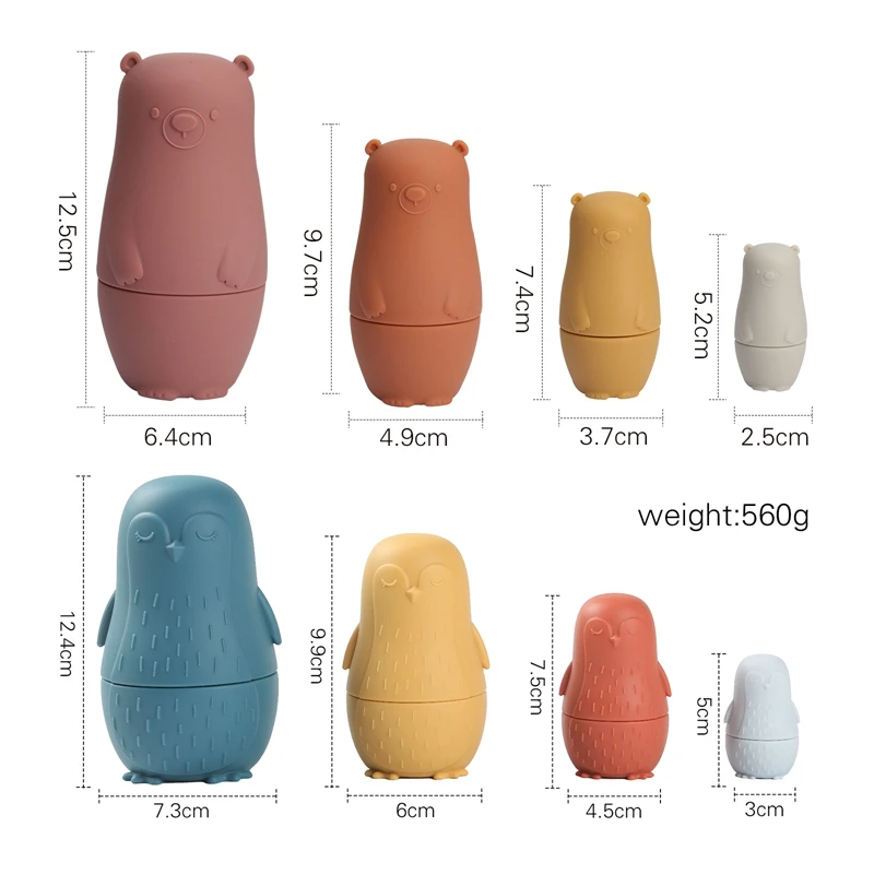 Silicone Matryoshka Montessori Toys Cute Bear Penguin Shape Russian Nesting Dolls Food Grade Silicone Teether Educational Toy