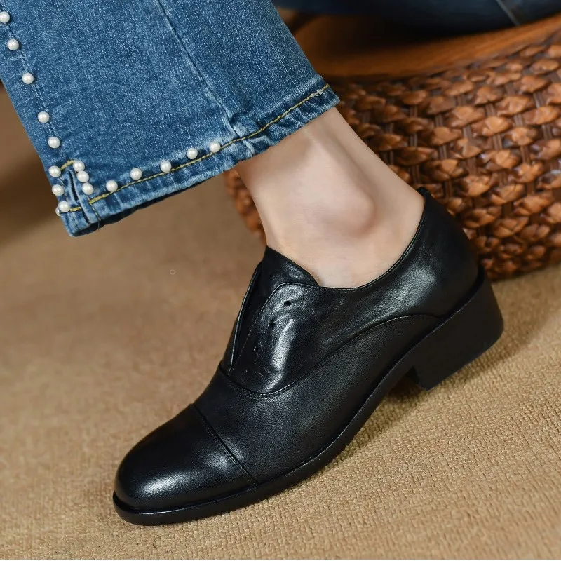 Vintage Round Toe Simple Shoes Ladies Cowhide Soft Leather Flats Low Heel Slip On Quality European OxfordsRetro Shoes For Women