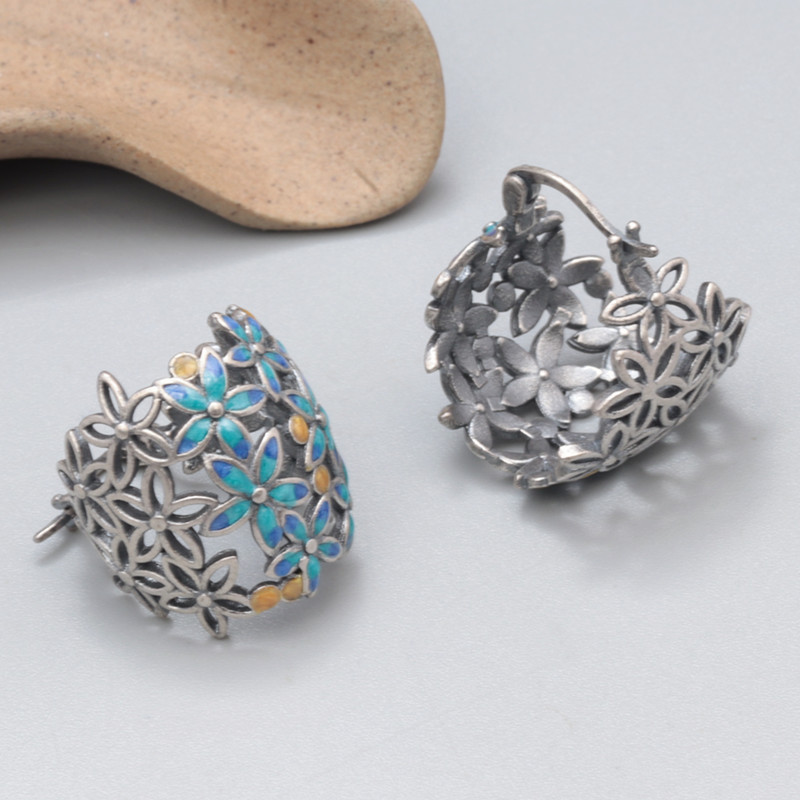 Vintage 925 Sterling Silver Enamel Earrings for Women Girls Ethnic Hollow Flower Cluster Hanging Earrings Original Jewelry EH184