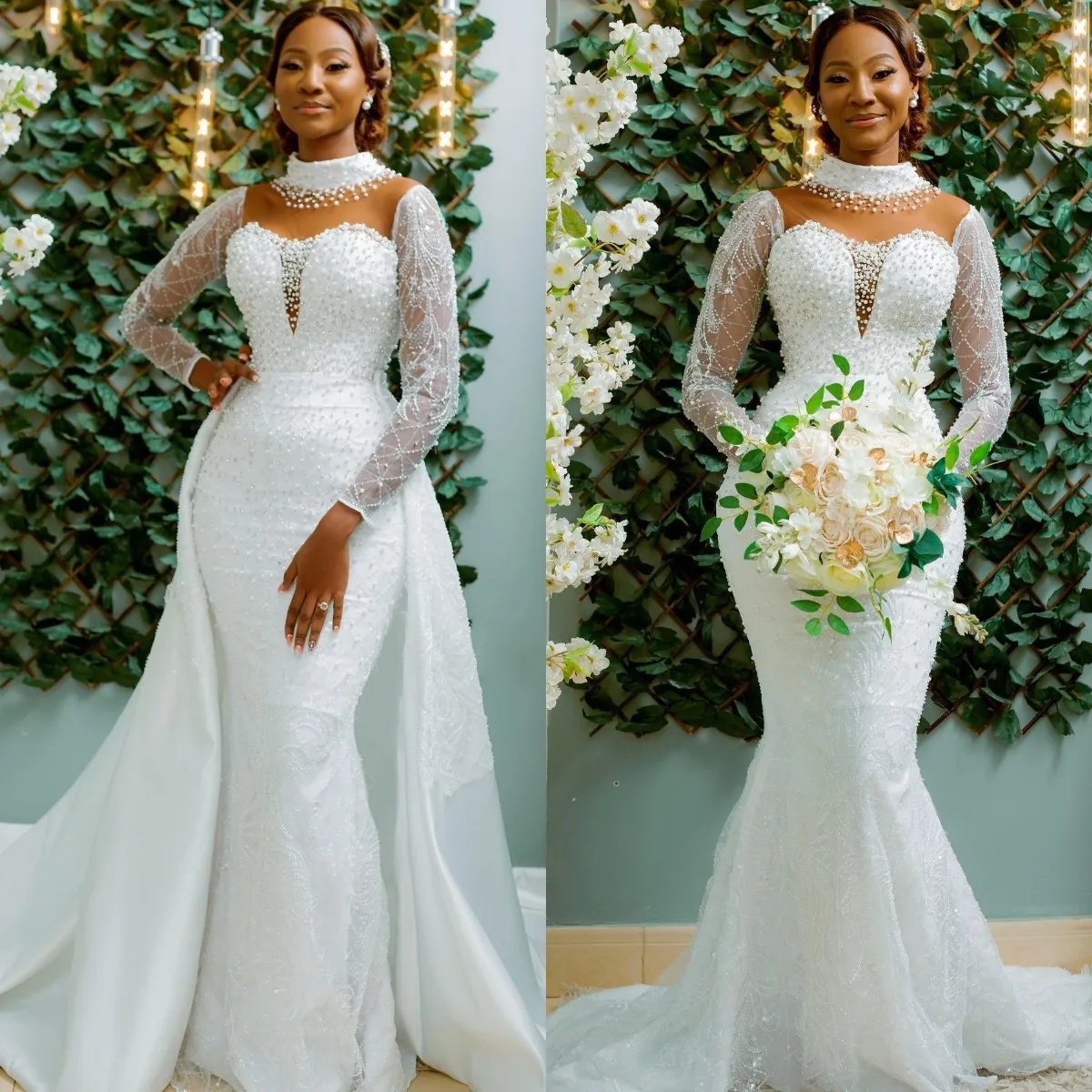 Ful Wedding Dresses Lace Pearls Rhie Bridal Gowns With Overskirts Custom Made Mermaid Vestidos De Novia Plus Size 0219