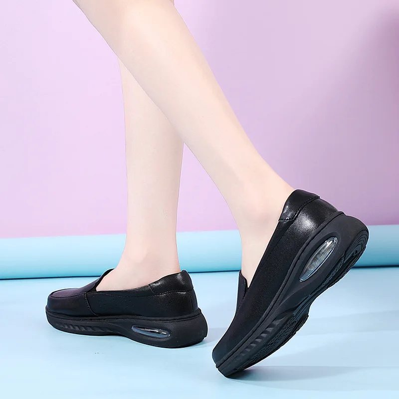Summer Genuine Leather Women's Shoes Nurse Swing Work All Single Star Wedges Women's Shoes Black White Platform Womens Shoes