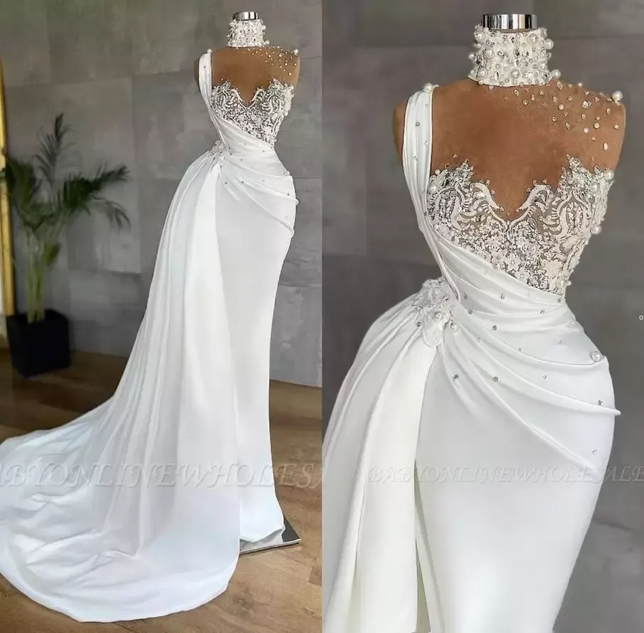 Elegant White Satin Evening Dresses High Neck Mermaid Luxury Crystal Pearls Lace Appliques Formal Party Prom Gown Robe De Soiree BC10204