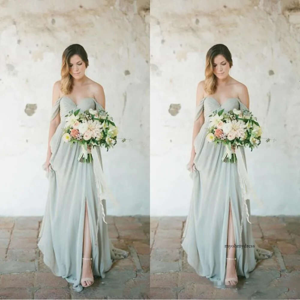 Sage Boho Bridesmaid Dresses Eleagnt Long For Wedding Guest Dress Chiffon Off Shoulder Side Split Plus Size Party Maid Of Honor Gowns 0521