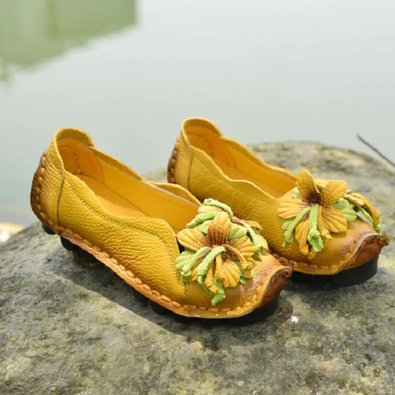 Retro Shoes Platform Flats Women's Floral Ballet Shoes Ladies Real Leather Loafers Woman Lug Sole Shockproof Moccasins Blue Shoe