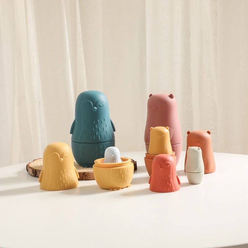 Silicone Matryoshka Montessori Toys Cute Bear Penguin Shape Russian Nesting Dolls Food Grade Silicone Teether Educational Toy