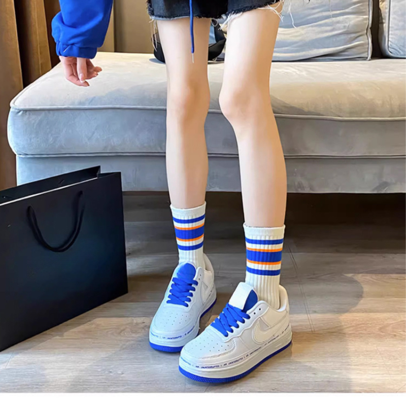 OC-Vinda P6001 Medium Length Athletic Women's Seasonal Thin Cotton Socks Sports Colored Fashionable Horizontal Stripes Young Students on Campus