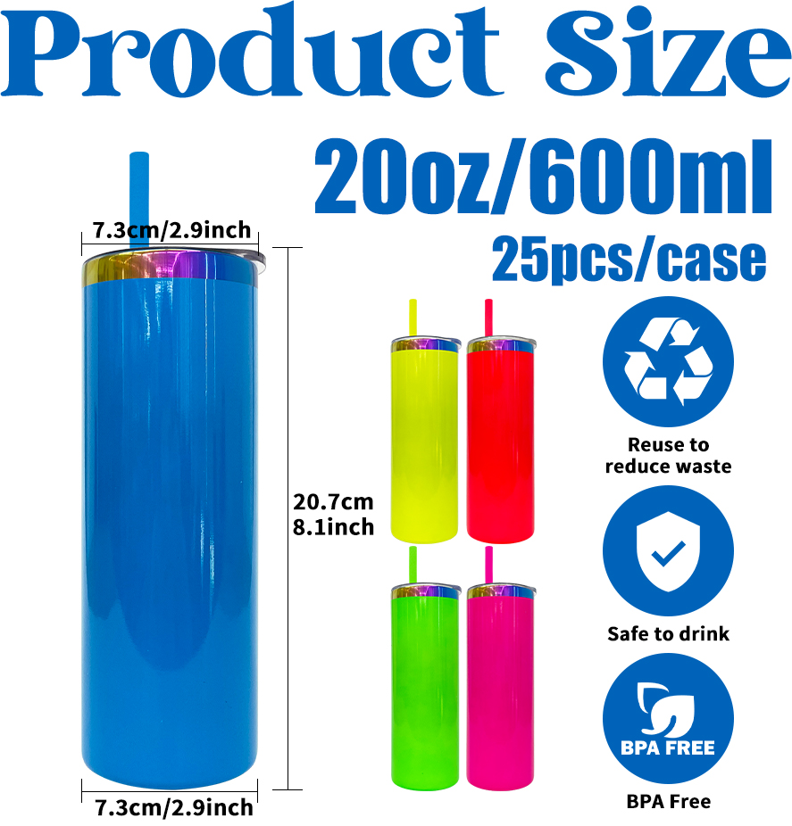 Neon colored 25pack 20oz rainbow underneath stainless steel skinny straight tumbler vacuum insulated mug with colored straw for laser engrave