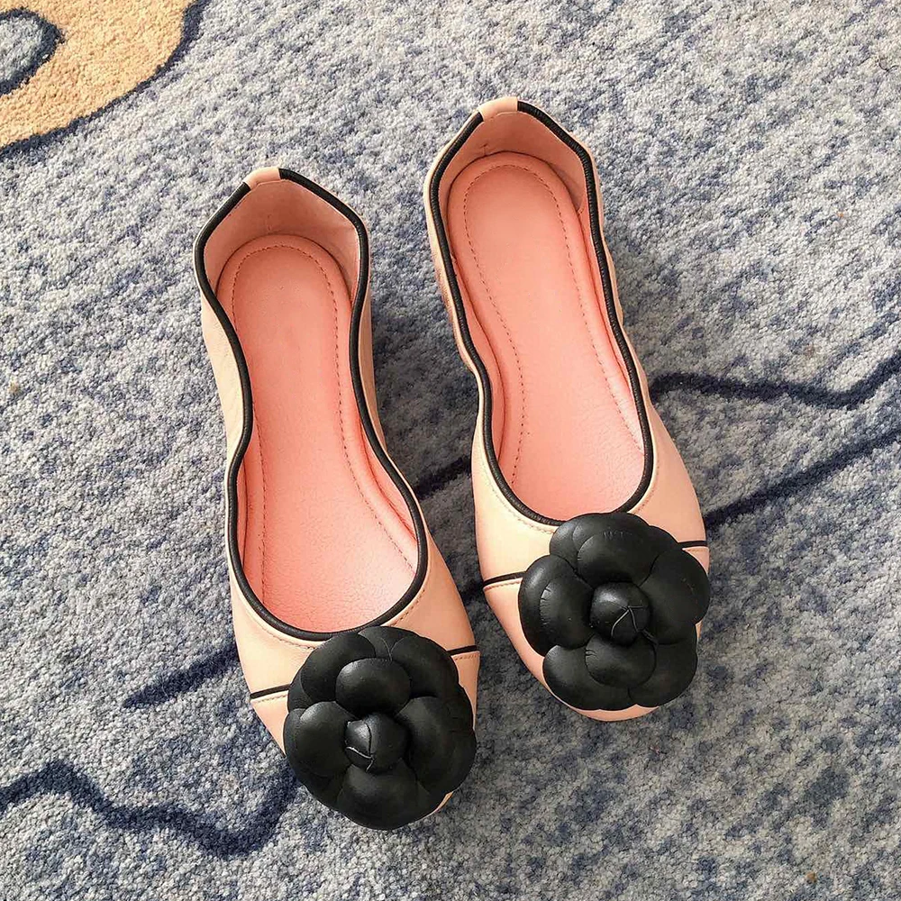 Ballet Flats Women Genuine Leather Soft Foldable Sweet new Camellia Flats Elegant Office Lady Work Shoes Slip-On 2025 Casual Shoes