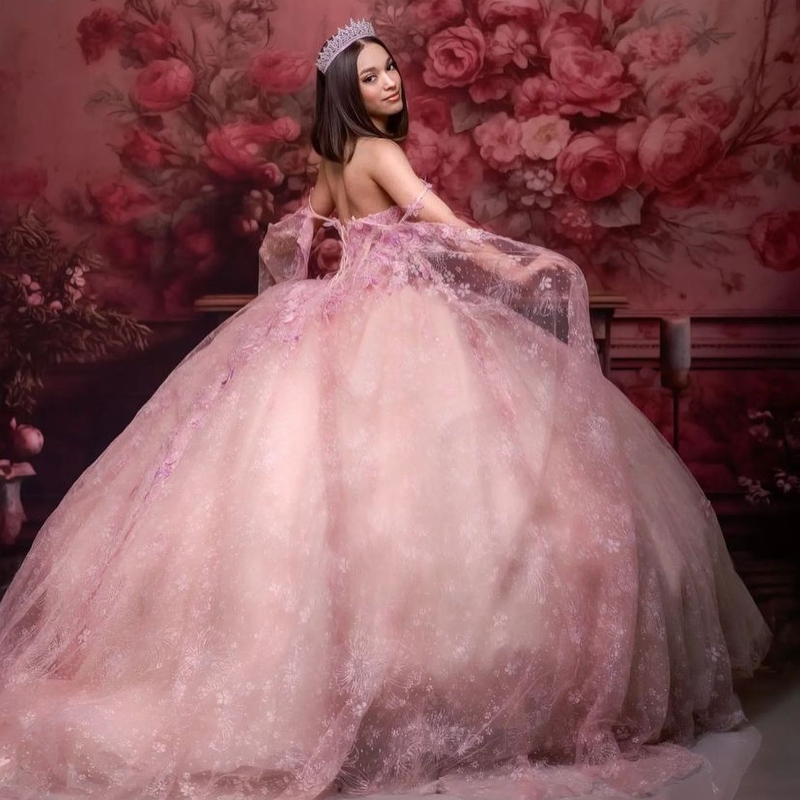 Pink Ball Gown Quinceanera Dress Tulle Appliques Flowers Champagne Lining Off Shoulder Sweet 15 16 Years Birthday Party Formal Dresses