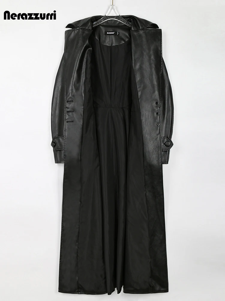 Nerazzurri Spring Autumn Long Fitted Black Pu Leather Trench Coat for Women Sashes Luxury Elegant Plus Size Outerwear 4xl 5xl