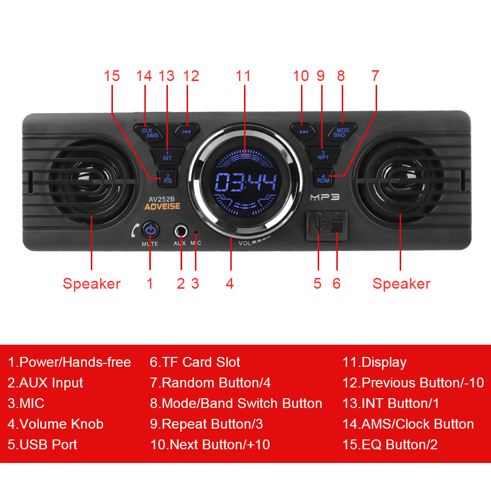 Bluetooth Hands-free FM Audio 1 Din AUX Input Digital Clock Auto-radio MP3 Player Built-in 2 Speakers USB TF Card Car Radio