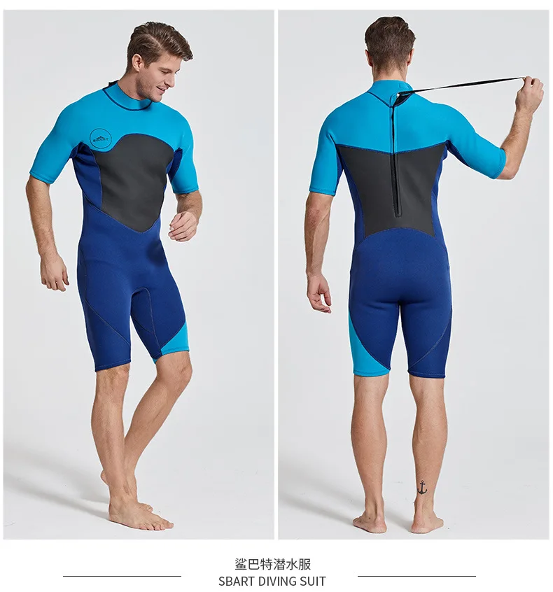 2MM Neoprene Shorty Mens Wetsuit UV-proof Front Zip Lycra Long Sleeves Diving Suit for Surf Snorkeling