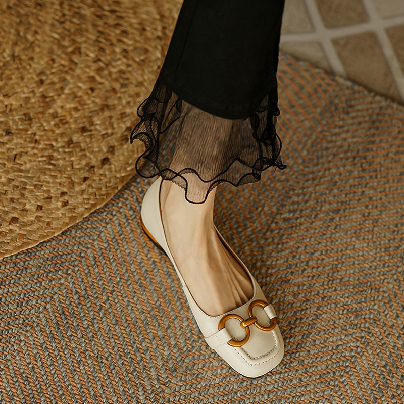 Ladies Flat Retro Square Toe Leather Loafers for Women 2023 Spring Casual Flats Elegant Metal Buckle Female Shoes