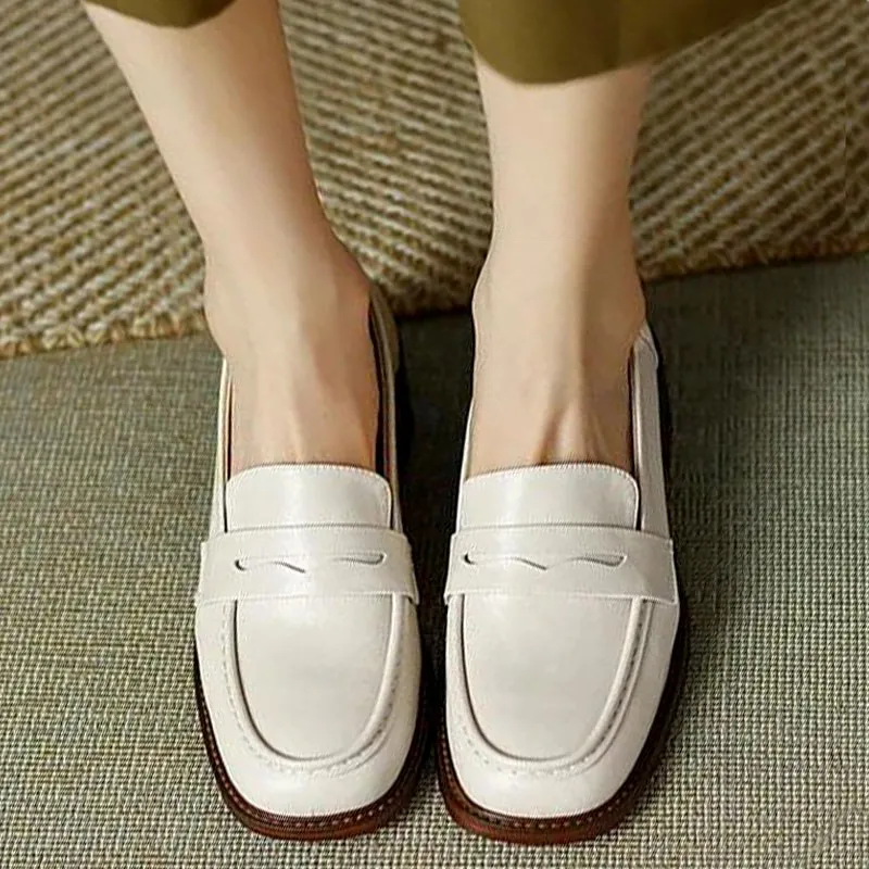 new 2025 3cm Leather Shoes Women Low Heels Pumps Autumn Square Toe Oxford Shoes Retro Heeled Loafers