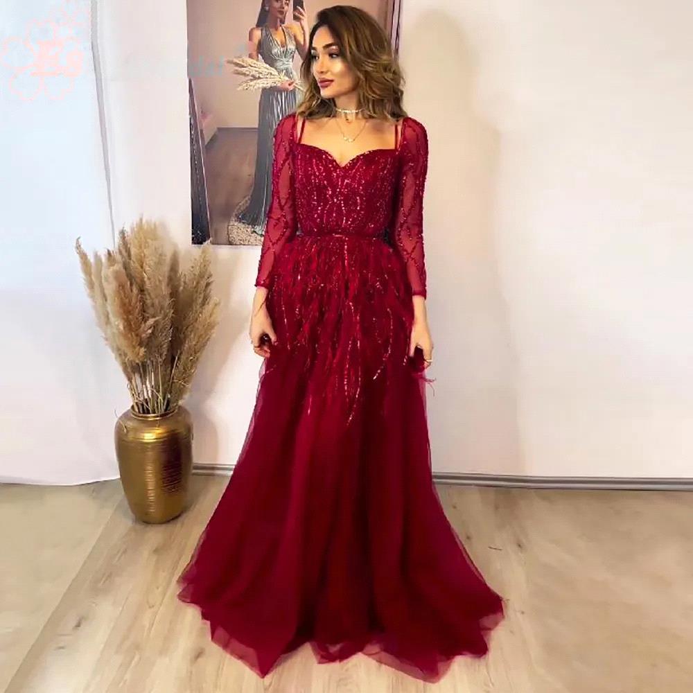 Long Sleeves Luxury Dubai Evening Dresses Women Glitter Sequin 2024 Formal Party Prom Gown High Slit Red Tulle Vestidos Bc18235 B0312