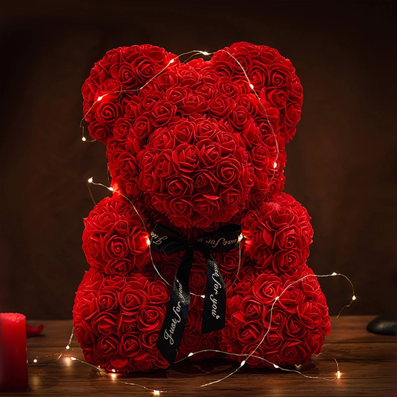 Teddy Rose Bear 25cm Artificial Flowers Rose Bear with Box Light Mom Girlfriend Wedding Anniversary Birthday Valentine Day Gift