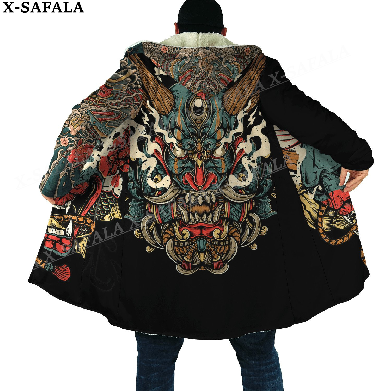 Japan Ninja Warrior Tattoo Samurai Masks Overcoat Coat Printed Thick Warm Hooded Cloak for Men Windproof Fleece Unisex Casual-1