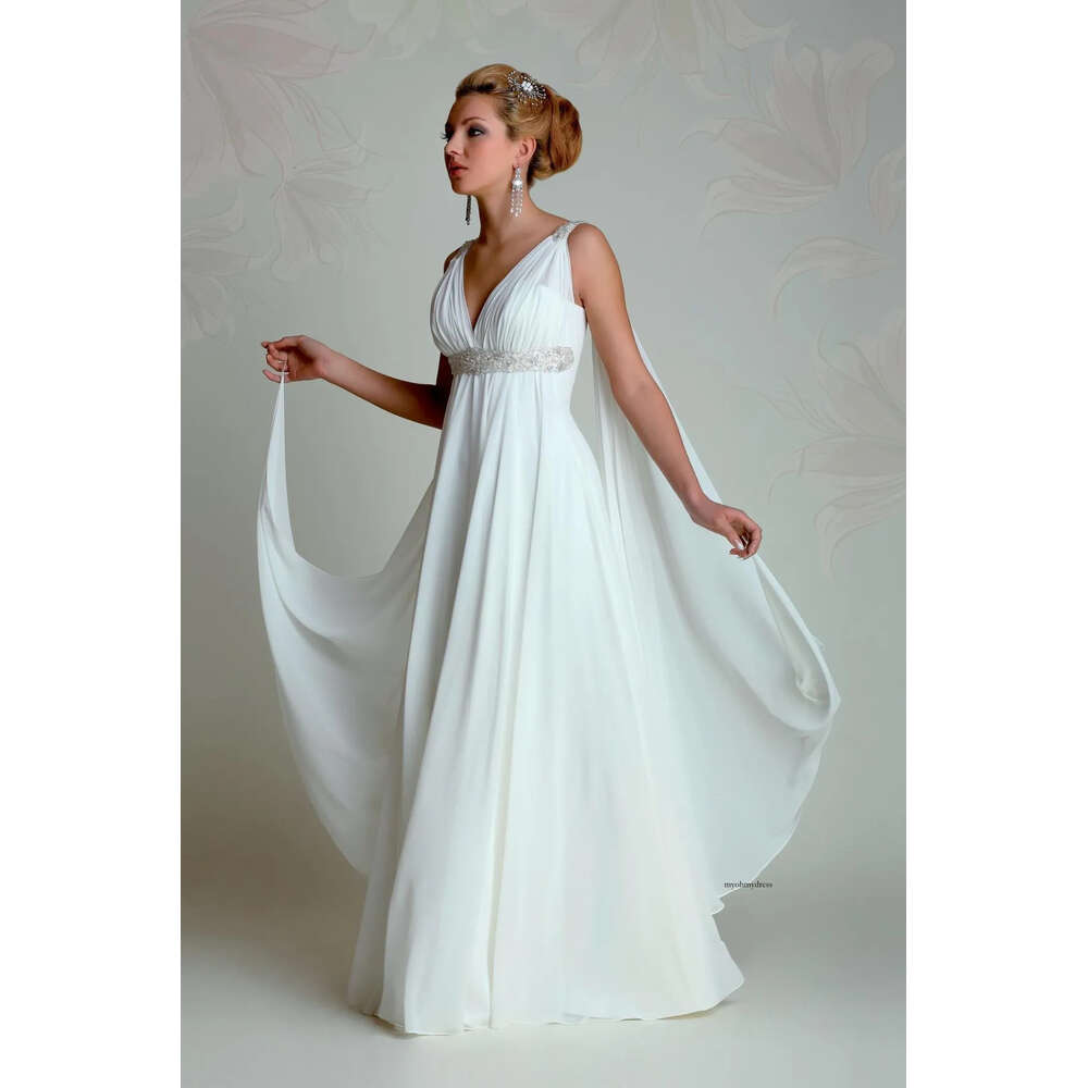 Greek Goddess Wedding Dresses V Neck Empire A Line Full Length Beading White Chiffon Summer Beach Bridal Gowns With Watteau Train 0521