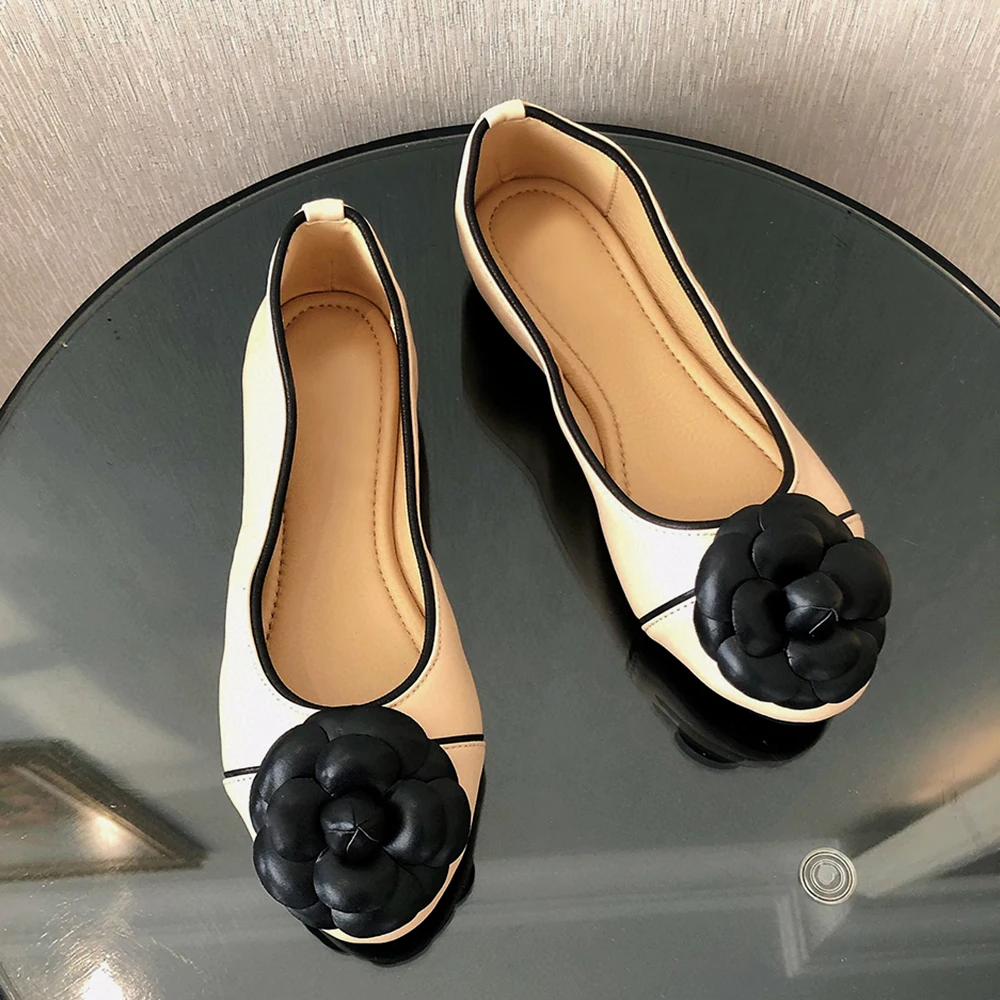 Ballet Flats Women Genuine Leather Soft Foldable Sweet new Camellia Flats Elegant Office Lady Work Shoes Slip-On 2025 Casual Shoes