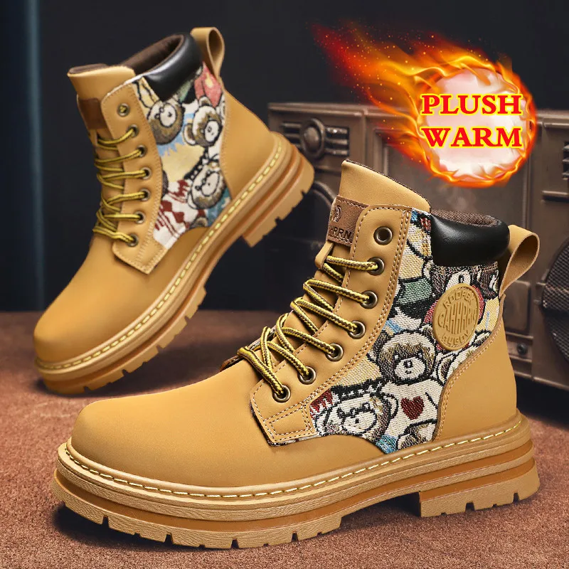 Luxury Military Boots Men Leather Shoes Big Size Plush Warm Fur Ankle Boots For Men Winter Boots Chelsea Desert Waterproof Botas