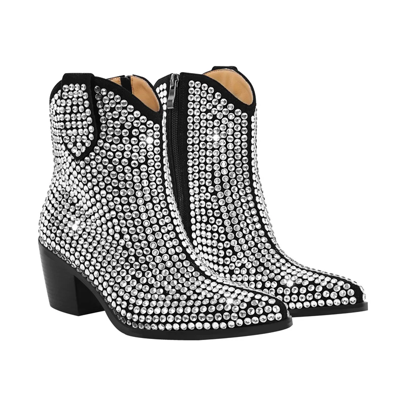 Onlymaker Pointed Toe Rhinestone Ankle Boots Glitter Bling Shiny Super Pretty Gorgeous Artificial Diamond Westen Cowgirl Boots