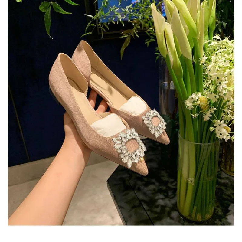 Pointed 2025 Flat Shoes Women's Side Empty Shallow Water Drill new Square Buckle Gentle Temperament Ladies Summer Boutique Women's Shoes
