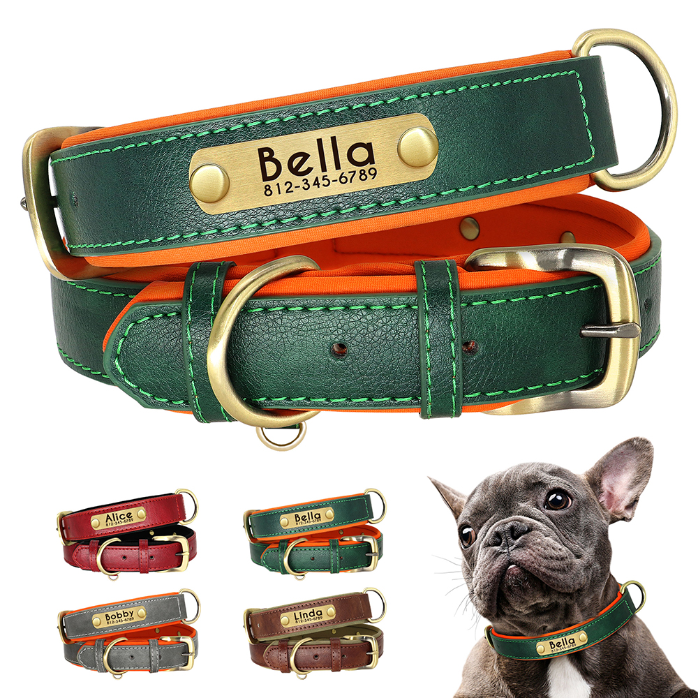 Customized PU Leather Nameplate Dog Collar Soft Padded Collars Free Ening Name for Small Medium Large Dogs Adjustable