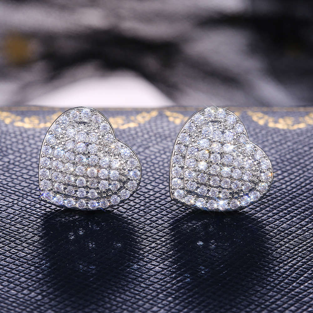 Gold Diamond Love Heart Earrings Sterling Silver Plated Charm Zirconia Stud Earrings for Women Girls Fine Jewelry Engagement Wedding Birthday Gift