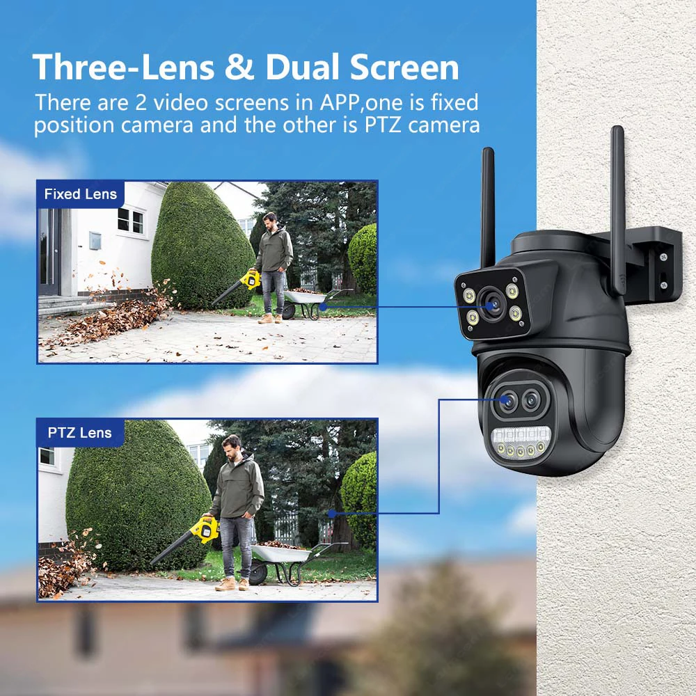12MP 6K WiFi IP Camera Outdoor 8X Zoom Three Lens Dual Screen Home Security Camera Auto Tracking Mini CCTV WiFi Surveillance