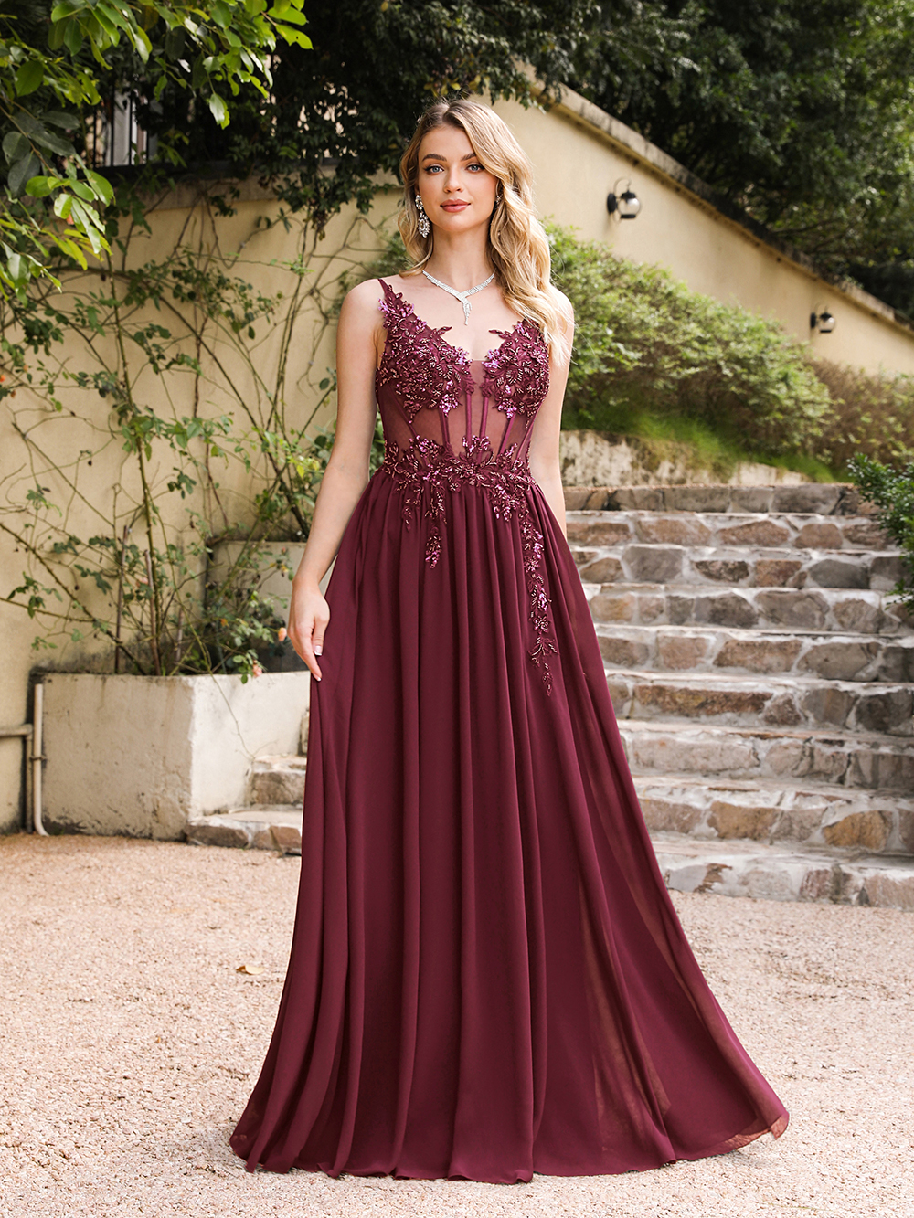 Sexy Backless Evening Dresses Burgundy Red Chiffon Appliques A Line Sheer V Neck Long Party Prom Gowns Cps3038