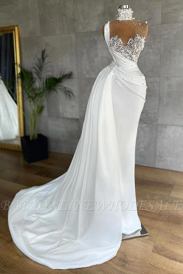 Elegant White Satin Evening Dresses High Neck Mermaid Luxury Crystal Pearls Lace Appliques Formal Party Prom Gown Robe De Soiree BC10204