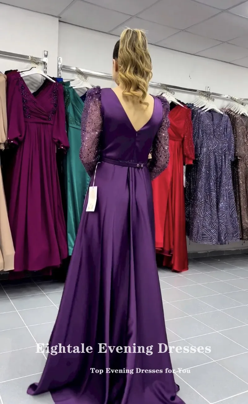 Eightale Purple Evening Dresses V-Neck Satin Long Sleeves Sequin A-Line Arabic Prom Wedding Party Gown Vestido De Fiesta