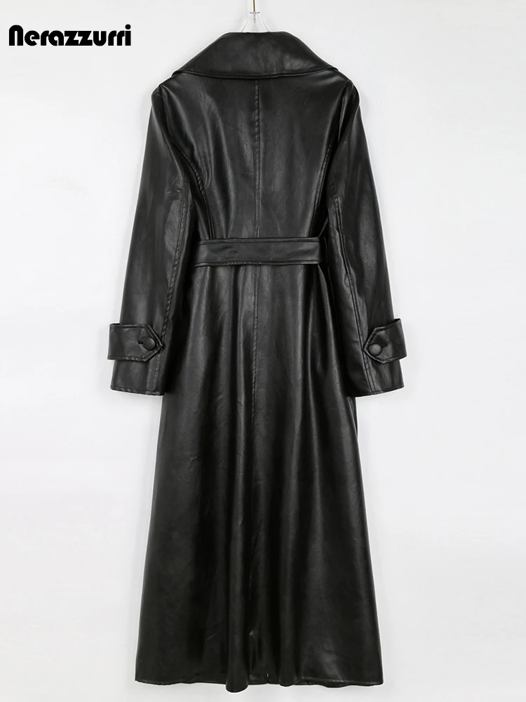 Nerazzurri Spring Autumn Long Fitted Black Pu Leather Trench Coat for Women Sashes Luxury Elegant Plus Size Outerwear 4xl 5xl