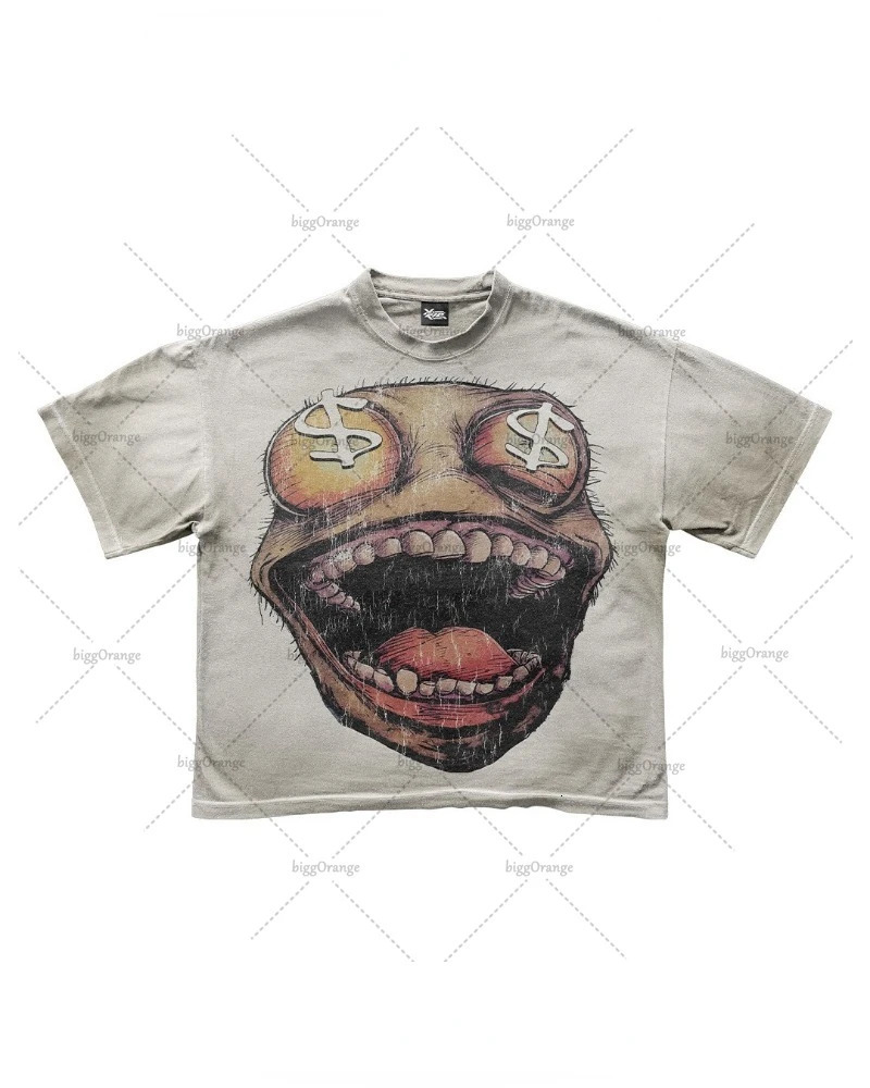 Gothic American Retro Oversized Tshirt Men Y2k Cartoon Print Shortsleeved Spoof Punk Street Casual Loose Top Women 240508