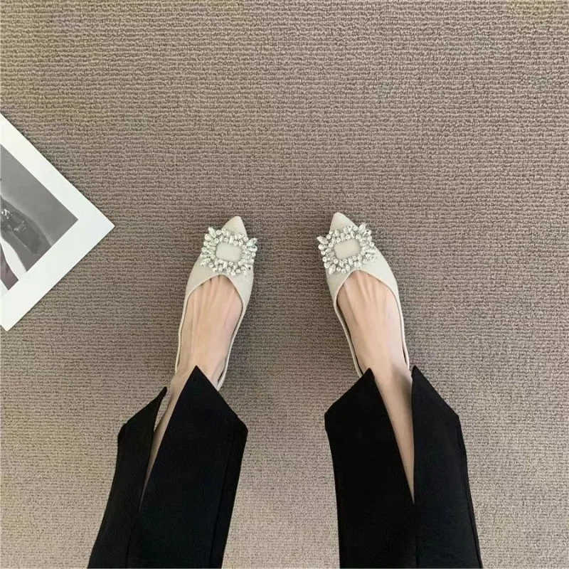 2023 New new Banquet Temperament Rhinestone French 2025 Flat Shoes Women's Summer Black Pointed Shallow Grandma Shoes Boat Shoes
