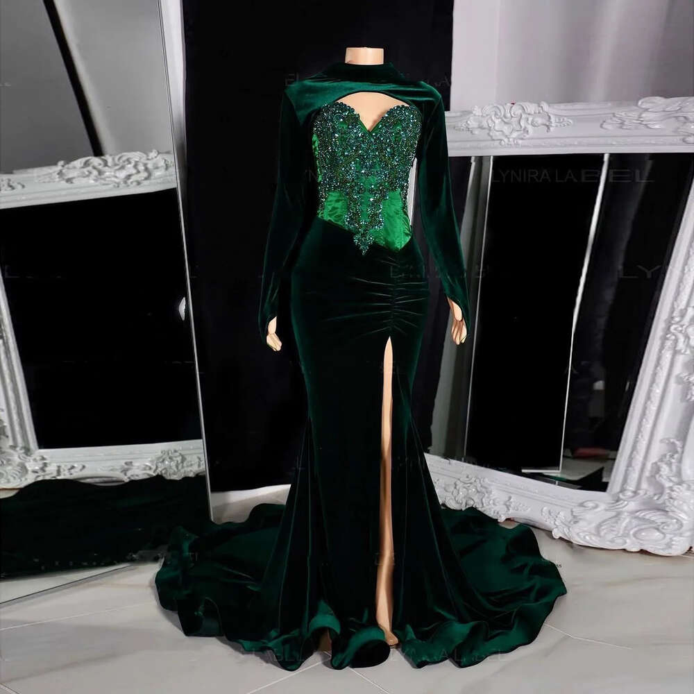 Elegant Green Mermaid Prom Appliques Beads Pleat High Split Sexy Evening Dress Arabic Dubai Women Robes De Soiree 0521