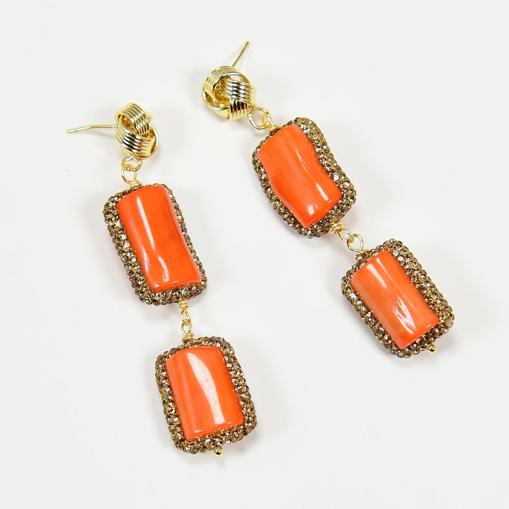 GG Natural Orange Coral Branch Golden Rhinestone CZ Paved Dangle Stud Earrings Jewelry Gifts Handmade For Women Party Gifts 240520