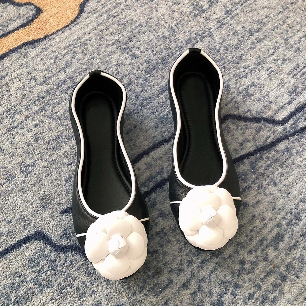 Ballet Flats Women Genuine Leather Soft Foldable Sweet new Camellia Flats Elegant Office Lady Work Shoes Slip-On 2025 Casual Shoes