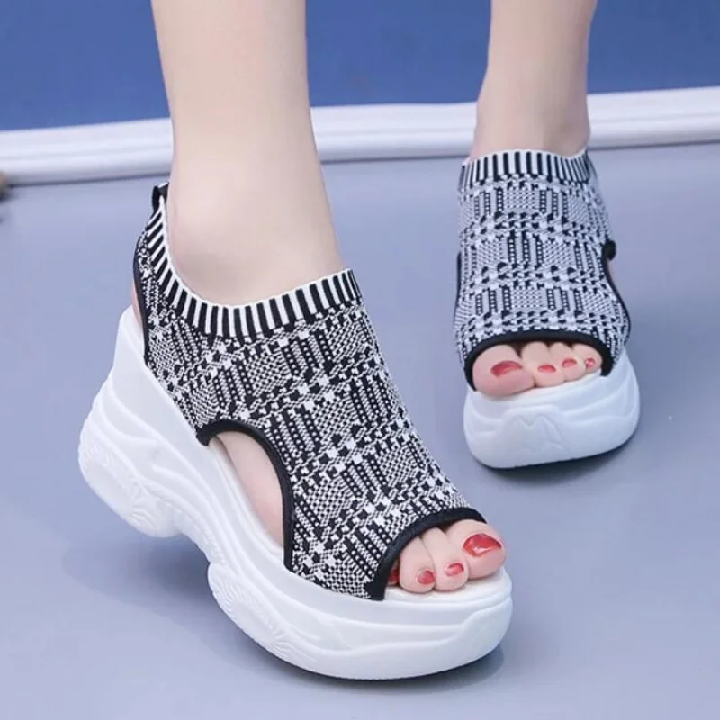 2024 Summer New Knitted Fish-mouth Shoes Fairy Wind Cake Sole High Heel Flying Weave Slope Heel Thick Sole Sports Women's Sandal