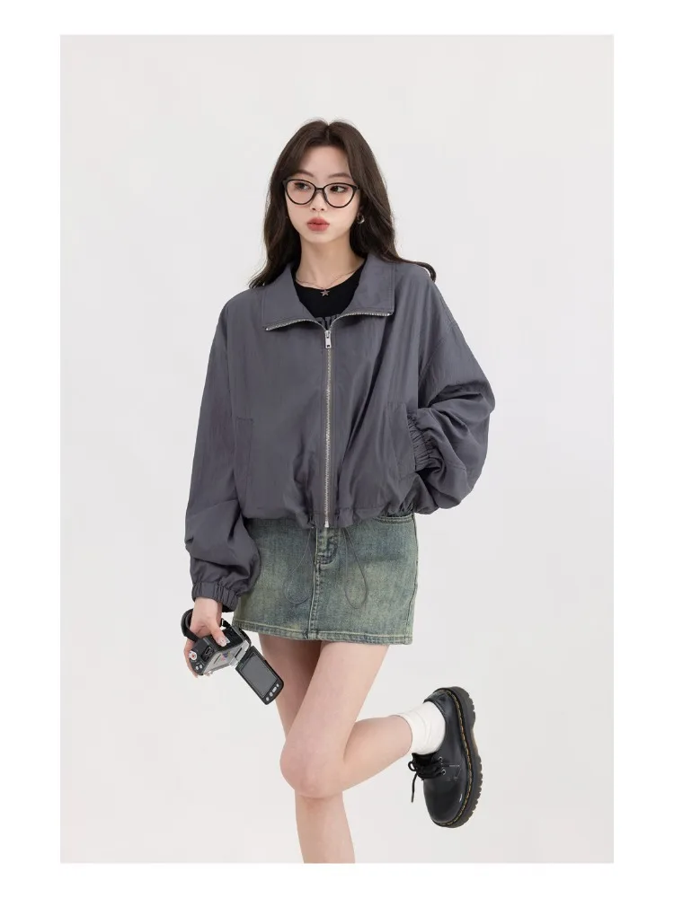 Deeptown Korean Y2K Dark Grey Jackets Women Gorpcore Windbreaker Crop Jacket Female Harajuku Korean Oversize Zip Up Outdoor Tops