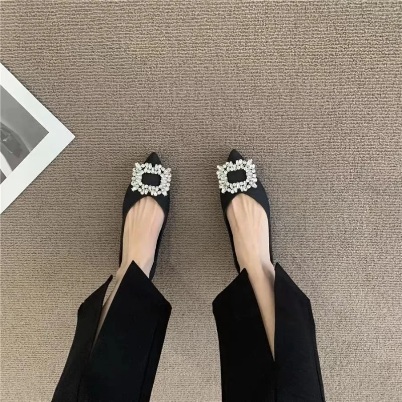2023 New new Banquet Temperament Rhinestone French 2025 Flat Shoes Women's Summer Black Pointed Shallow Grandma Shoes Boat Shoes
