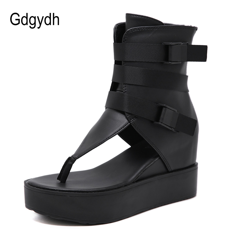 Gdgydh Platform Flip Flops Women Beach Sandals Ankle Strap Wedges Shoes For Summer Black Leather Vintage European American Zip