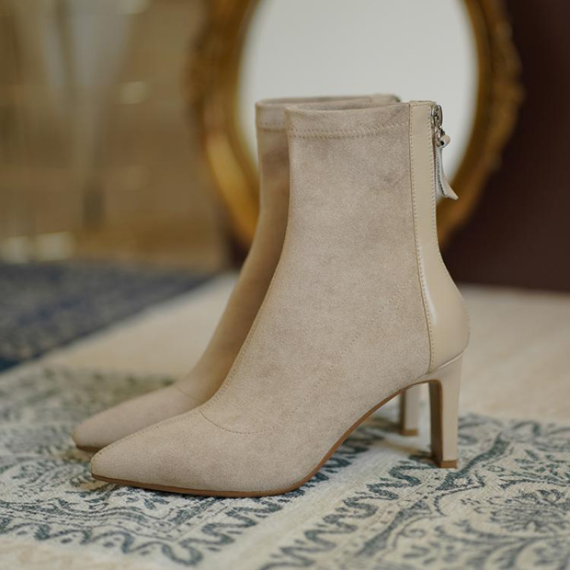 High Women Autumn Pointed Suede Ankle Boots Lady Stripper Winter Block Clear Heels Short Booties Apricot Black Prom Shoes 589e