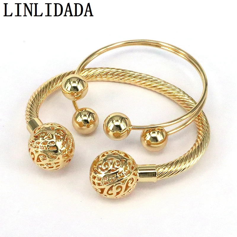 5Pcs 18K Gold Plated Copper Charm Ball Cuff Bangle Women Bracelet Stackable Daily Fashion Jewelry 240507