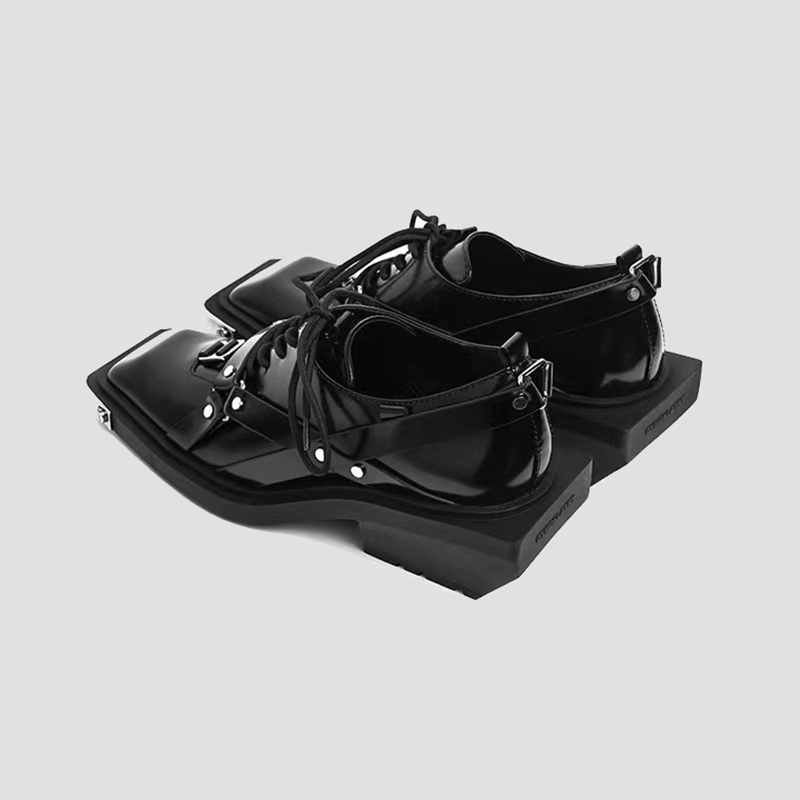 New decorate Spring 5b9ce metal Leather Loafers Women Retro Bite Thick-soled Non-slip square head wedge New men Shoes